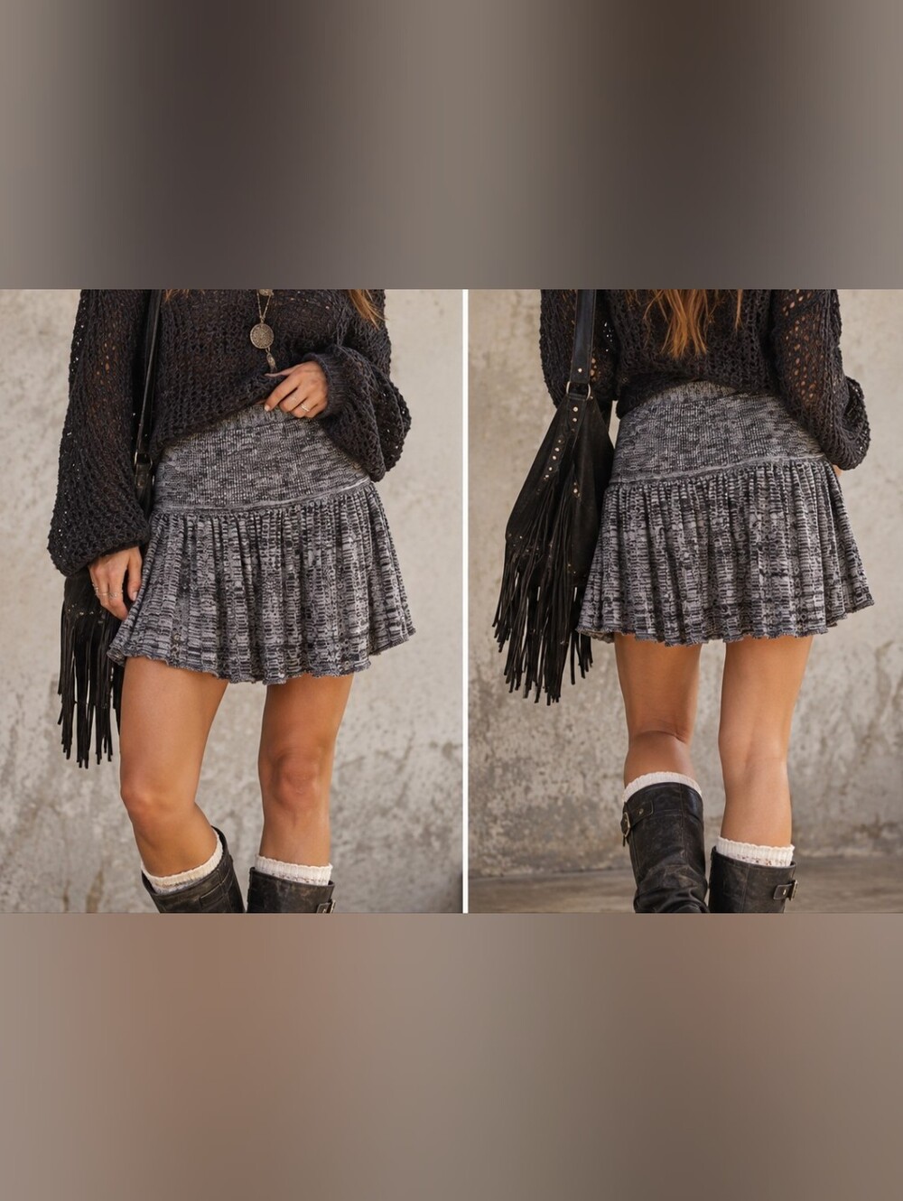 Ecoté Knit Mini Skirt L Gray Black Boho Grunge Y2K Festival Fairycore Hippie
